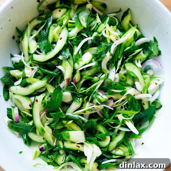 Cucumber and mint salad in bowl.