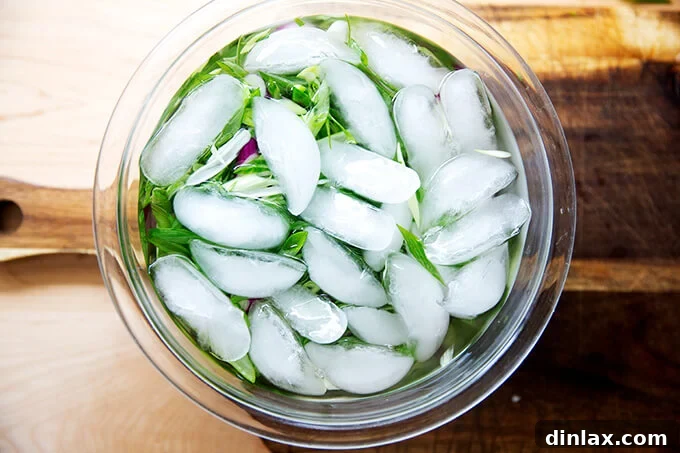 A bowl of thinly sliced scallions submerged in ice water, cooling and crisping.