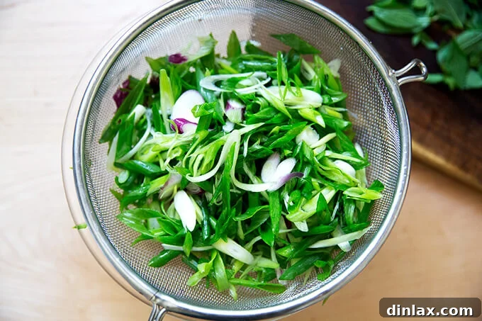 Drained and dried scallions in a sieve, showing their refreshed and crisp texture after the ice bath.