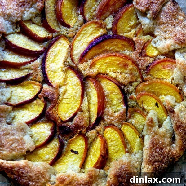 A just-baked peach-frangipane galette, golden and inviting.