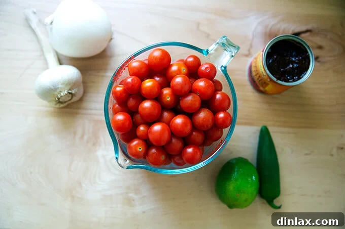 Effortless Homemade Red Enchilada Sauce 3 A bowl of fresh cherry tomatoes aside a head of garlic, an onion, a lime, a jalapeño, and a small can of chipotles in adobo sauce, all ready for preparation.