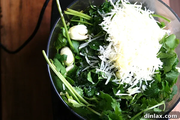 A food processor bowl filled with fresh ingredients like herbs, nuts, garlic, and cheese, ready to be blended into pesto sauce.