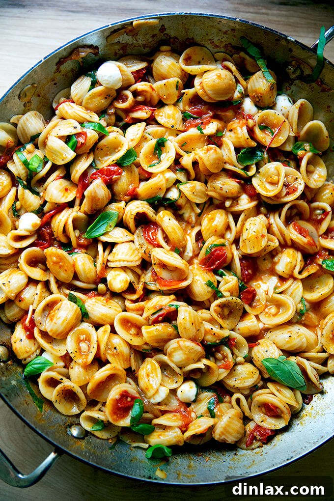 A large skillet brimming with orecchiette pasta, coated in a vibrant cherry tomato sauce, studded with toasted pine nuts, fresh basil, and melted mozzarella, perfectly combined and ready to be served.