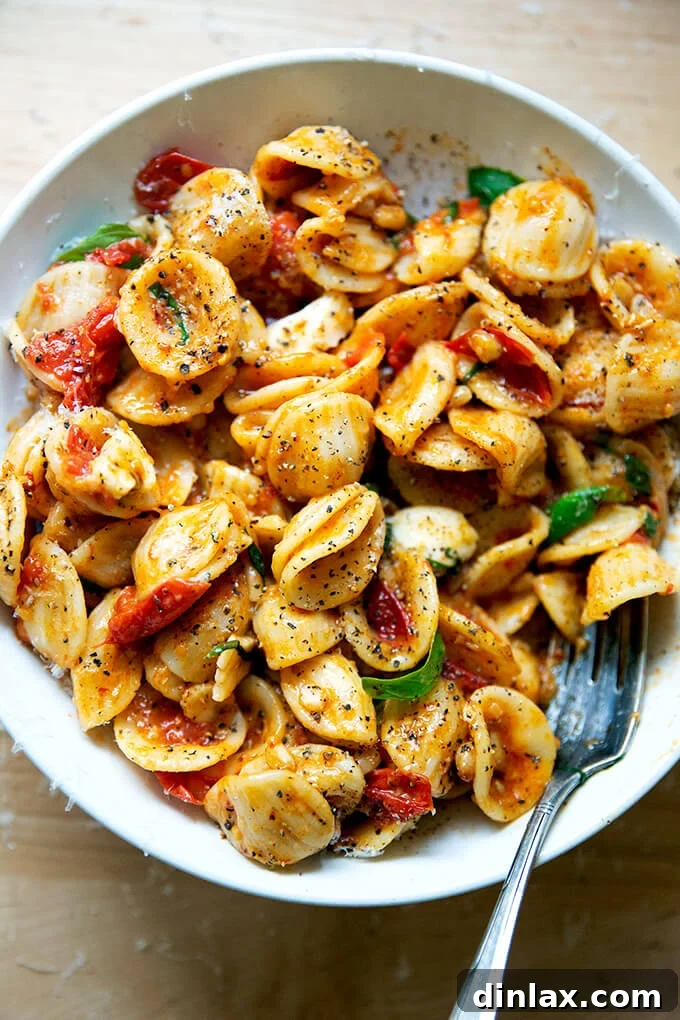 A close-up shot of a single serving of orecchiette pasta, beautifully plated in a bowl, showing the rich cherry tomato sauce, pine nuts, fresh basil, and creamy mozzarella, ready for a final garnish of black pepper.