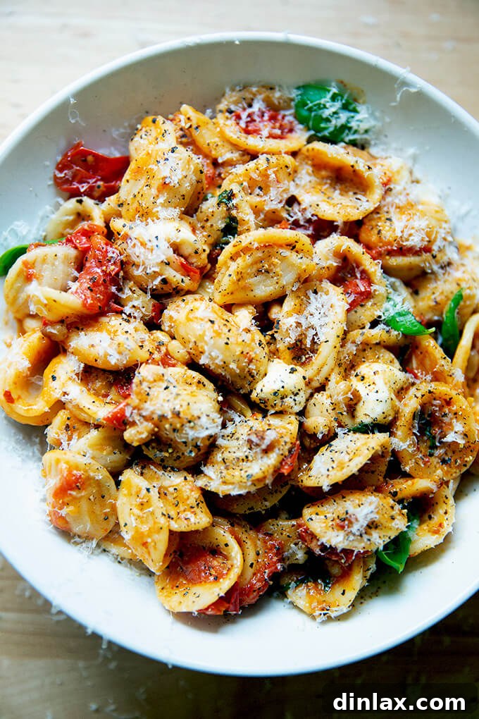 A bowl of orecchiette pasta with cherry tomato sauce, pine nuts, basil, and mozzarella, elegantly topped with delicate shavings of Parmesan cheese, highlighting the fresh ingredients and inviting texture.