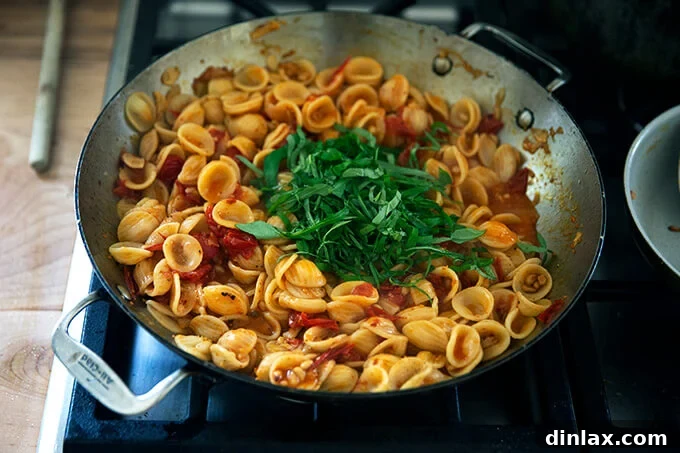 A large skillet on the stovetop filled with cooked orecchiette pasta tossed with cherry tomato sauce, with fresh basil leaves visibly mixed in, creating a fragrant and inviting dish.
