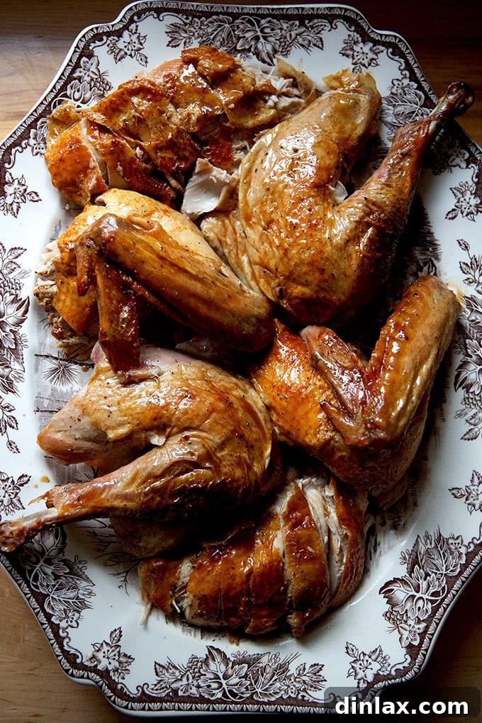 Beautifully carved roasted turkey on a platter.