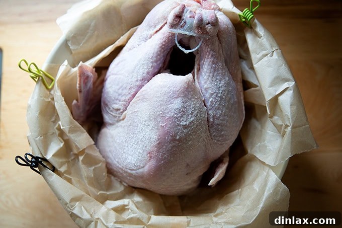 Sprinkling kosher salt generously over the turkey for dry brining.