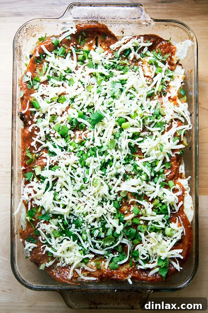 Southwestern Veggie Tortilla Stack 7 A beautifully assembled enchilada casserole in a baking dish, generously topped with a final layer of sauce, fresh herbs, and shredded cheese, ready to be baked in the oven.