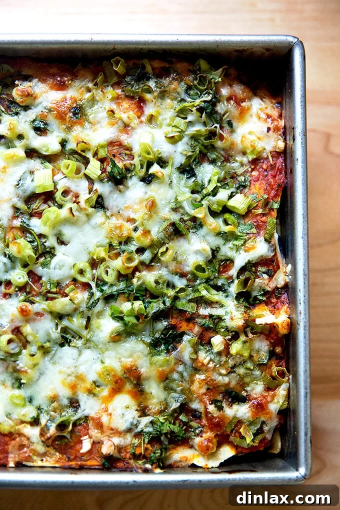 Southwestern Veggie Tortilla Stack 9 A freshly baked vegetarian tortilla casserole, pulled hot from the oven, with a golden, bubbly cheese topping and vibrant colors peeking through the layers.