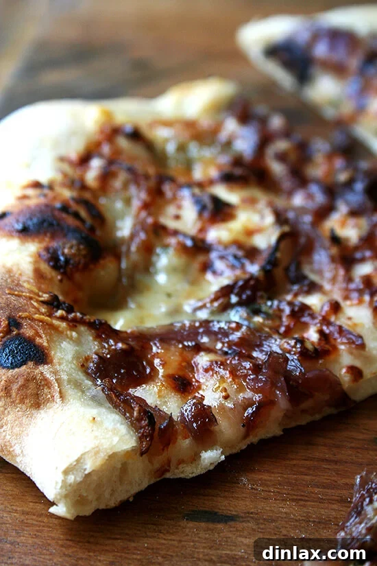 Another perspective of the delicious fig jam, caramelized onion, and blue cheese pizza fresh out of the oven.