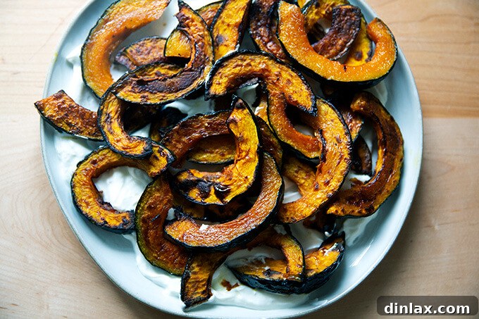 Roasted Kabocha squash atop lemony yogurt sauce.