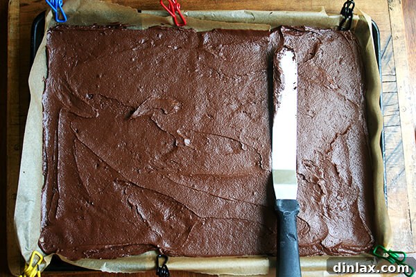 Batter Spread in Pan Chocolate cookie batter evenly spread in a prepared baking pan.