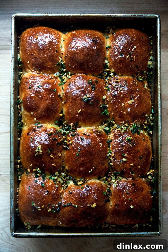 Close-up of golden-brown garlicky brioche pull-apart rolls, fresh from the oven and glistening with herb butter.