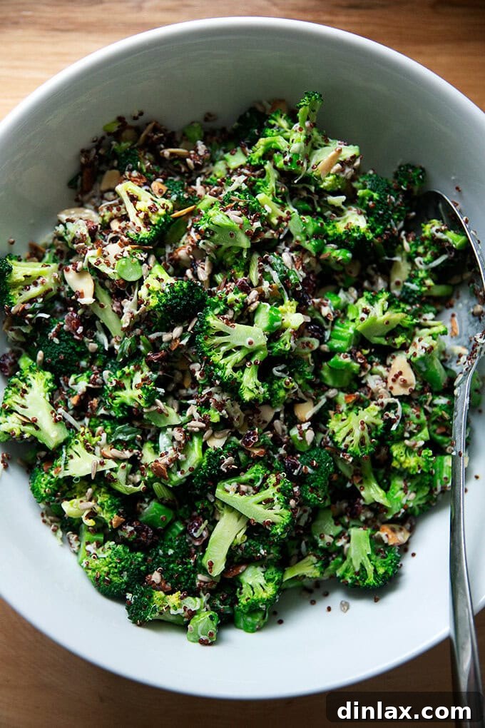 A beautifully presented Broccoli Crunch Salad in a large bowl, garnished and ready for serving.