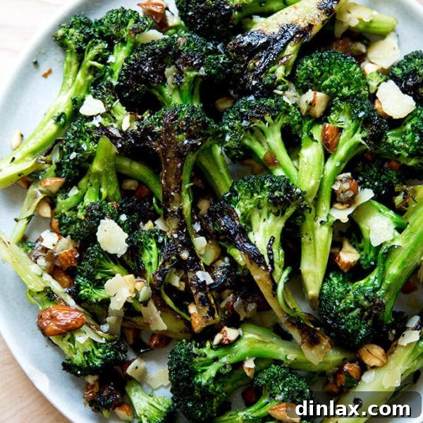 charred broccoli salad with dates, almonds, and cheddar
