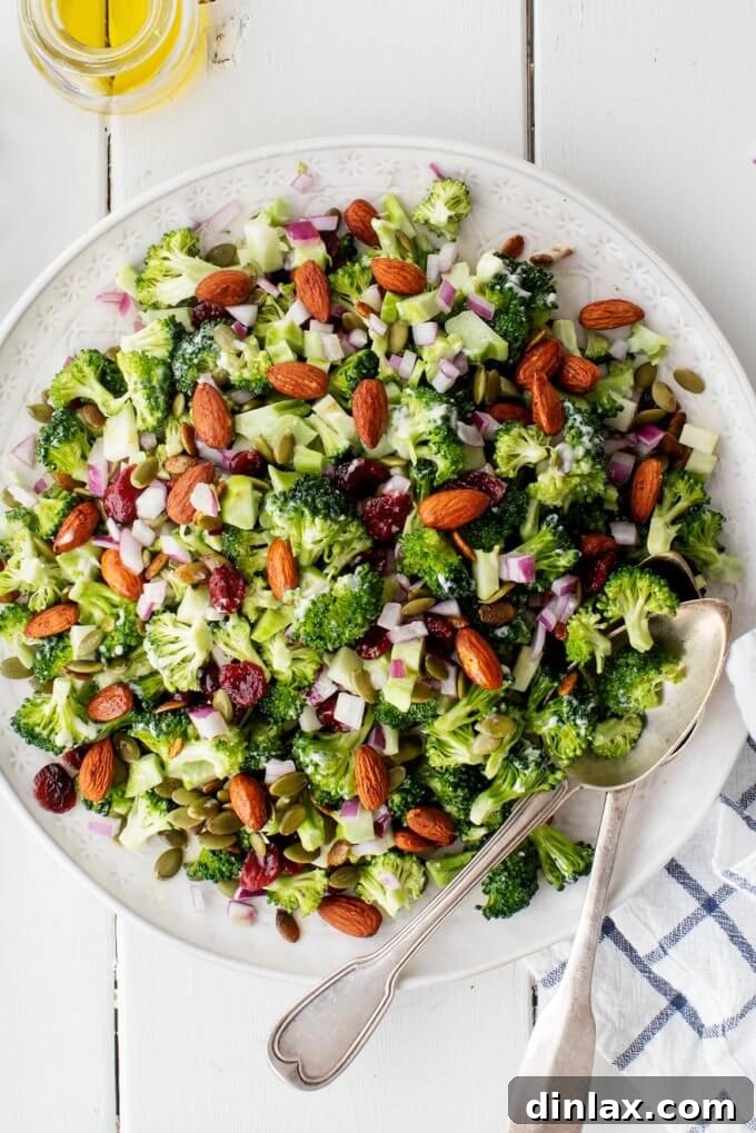 A fresh and vibrant broccoli salad from Love & Lemons, featuring dried cranberries and tamari-roasted almonds, served in a light blue bowl.