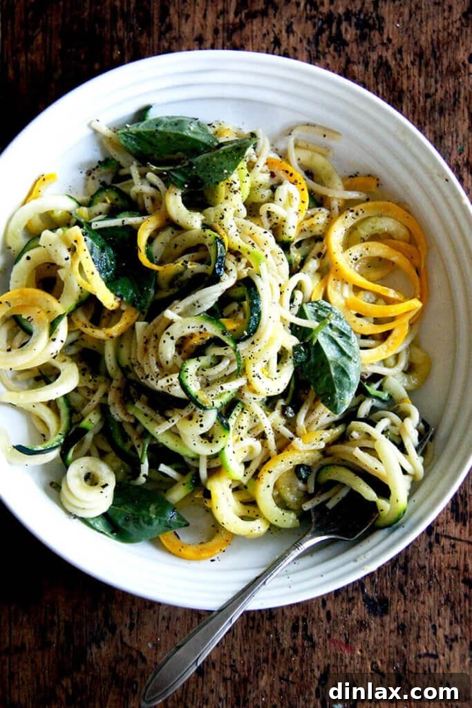 A beautifully plated bowl of summer squash spaghetti ready to be served