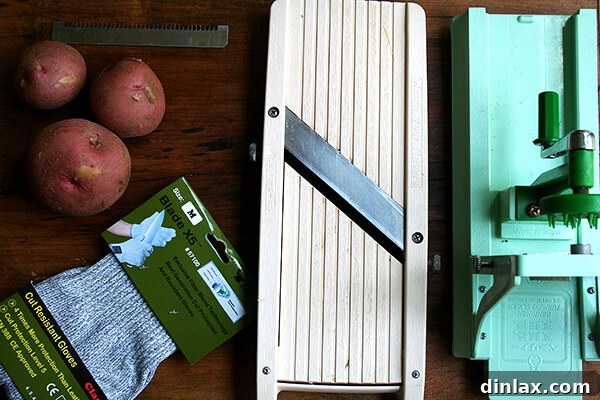 Collection of Benriner slicers and a pair of kevlar safety gloves