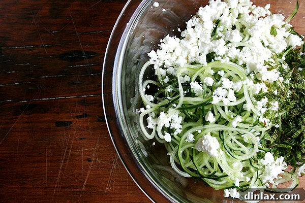 Close-up of the refreshing cucumber, feta, and mint salad