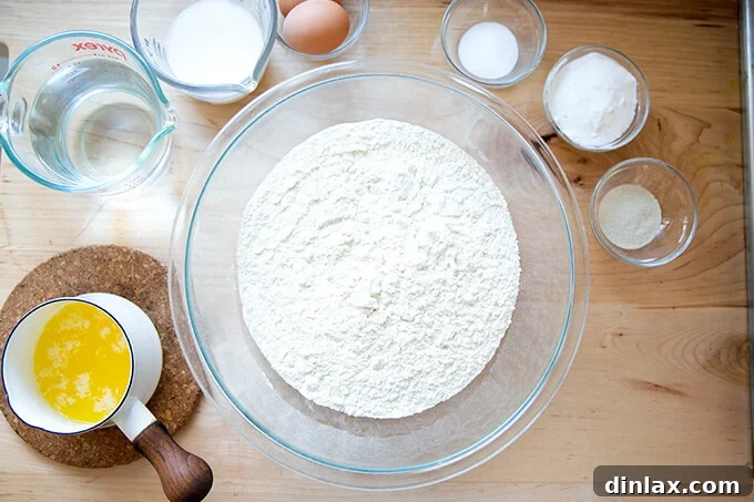 Ingredients to make brioche on a countertop.