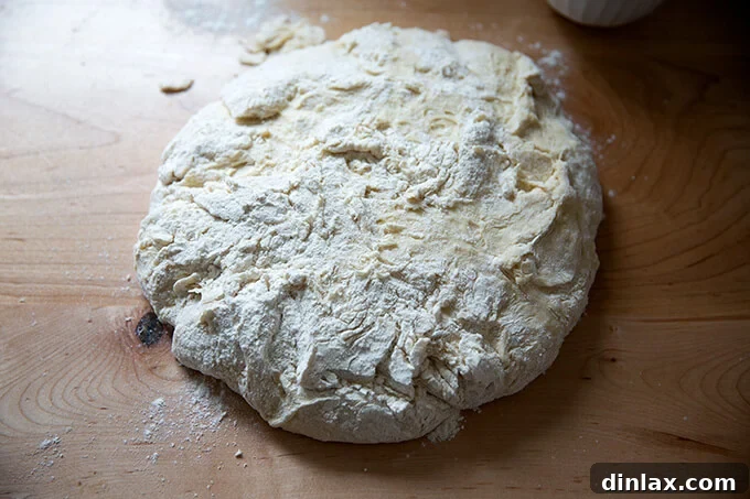 Brioche dough turned out onto a countertop.