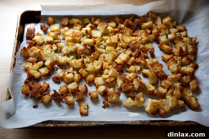 A baking sheet laden with freshly toasted, golden-brown olive oil croutons, perfectly crunchy and aromatic, ready to complement any dish.