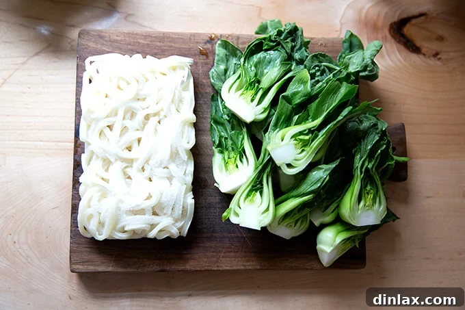 Udon: A Culinary Revelation 5 Plump frozen udon noodles awaiting their quick cooking alongside fresh baby bok choy, highlighting the swift preparation of this meal.