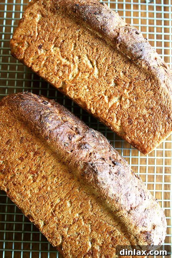Freshly baked no-knead oatmeal bread, golden brown and ready to be enjoyed.