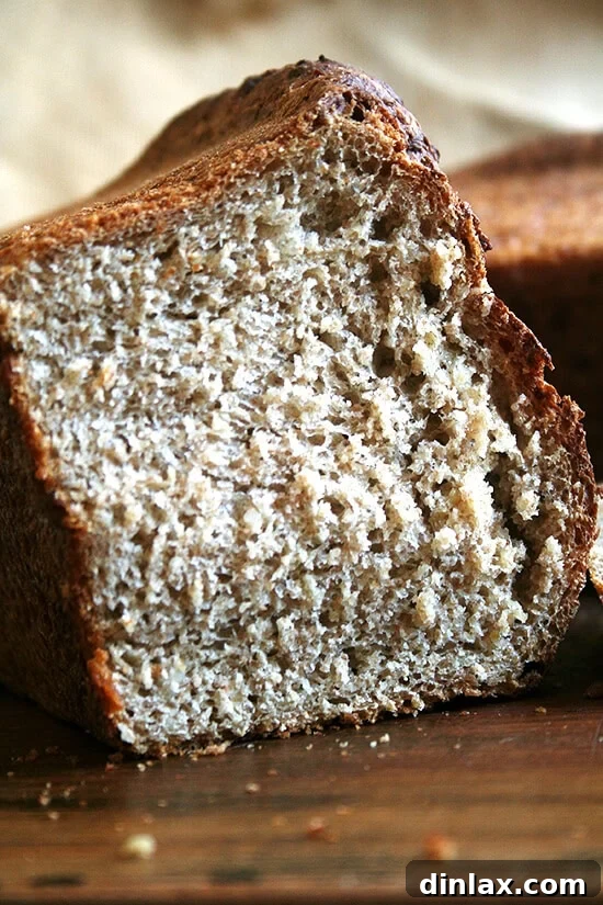 A freshly cut slice of no-knead oatmeal bread, showcasing its chewy texture.