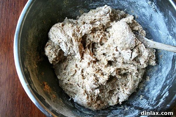 Mixed dough for no-knead oatmeal bread, ready for its first rise.