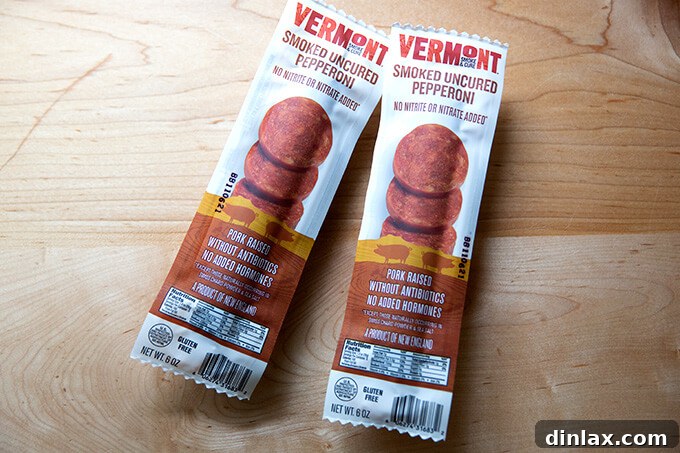 Delicious Vermont smoked uncured pepperoni, promising rich flavor and perfect charring for homemade pizzas.