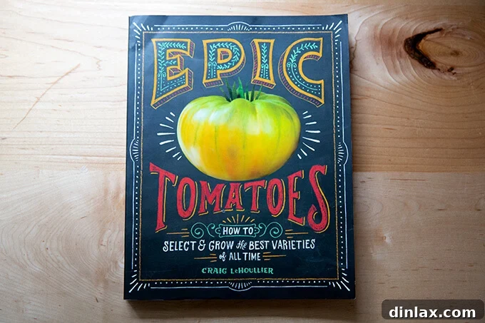The gardening book 'Epic Tomatoes' displayed prominently on a counter, ready to inspire seasoned and novice gardeners alike.