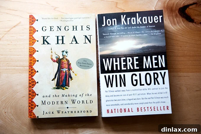 Two compelling books, 'Genghis Khan' and 'Where Men Win Glory', inviting readers to delve into history and heroism.