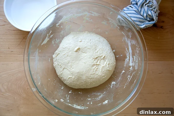Performing the first set of stretches and folds on the sticky ciabatta dough.