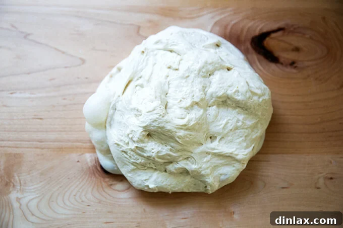 Cold ciabatta dough on the counter, ready for shaping.