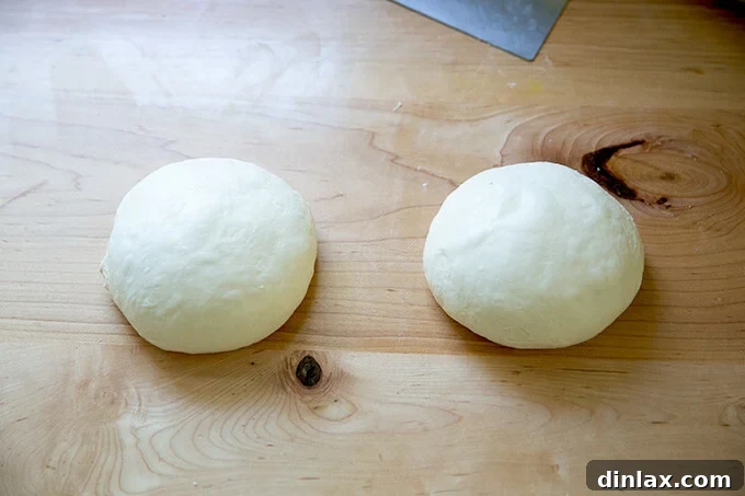 Two shaped rounds of ciabatta dough, divided evenly and ready for final proof.