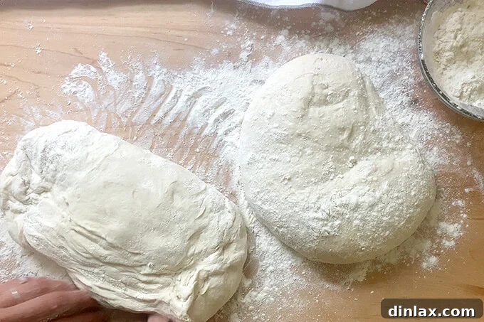 Proofed ciabatta dough turned over gently after final proofing.