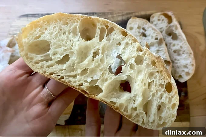 A beautifully sliced ciabatta loaf, revealing its airy, open crumb.