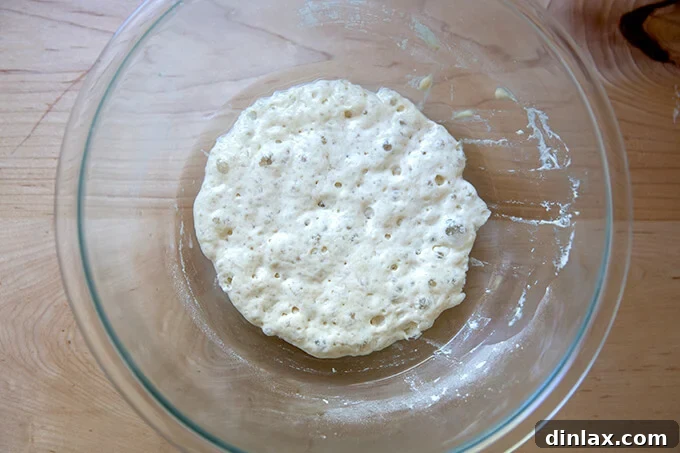 Adding more water to the fermented poolish in a glass bowl.