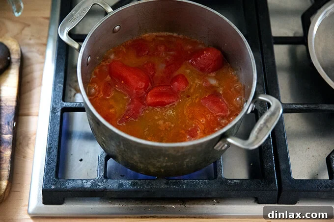 Pantry-Perfect Tomato Sauce in Minutes 7 A pot of homemade tomato sauce simmering stovetop.