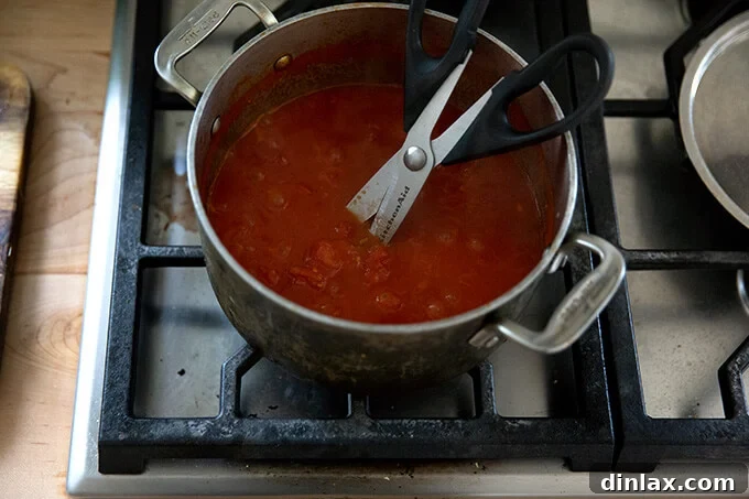 Pantry-Perfect Tomato Sauce in Minutes 8 A pot of tomato sauce simmering stovetop with scissors inside.