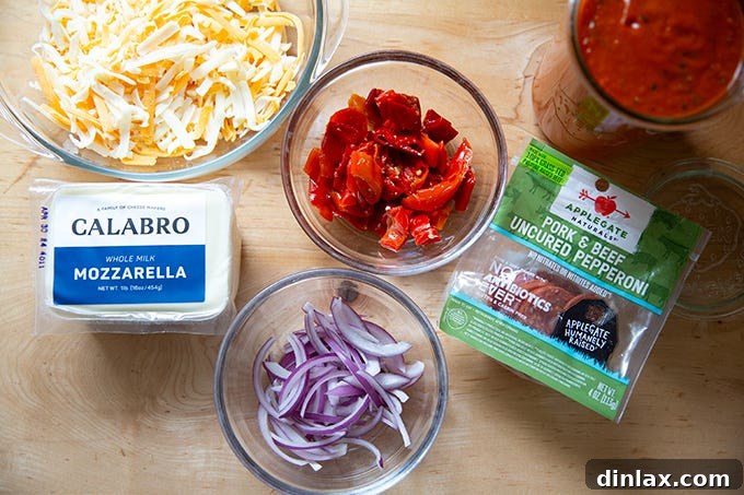 A selection of toppings for Detroit-style pizza.