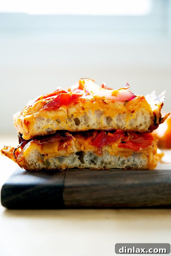 The crumb shot of a Detroit-Style pizza.