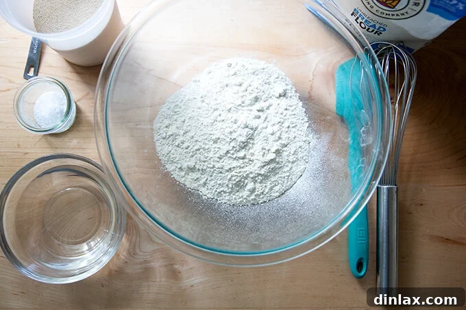 An overhead shot of the ingredients to make yeast-leavened Detroit-style pizza dough.