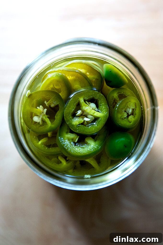 An overhead shot of a jar of pickled jalapeños.