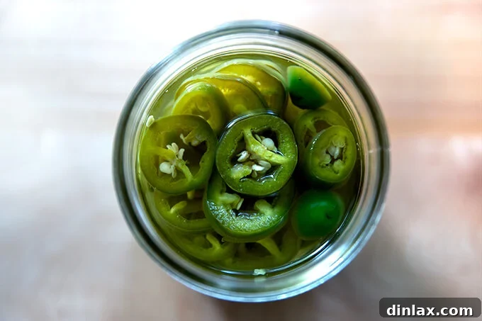 An overhead shot of pickled jalapeños in a jar.