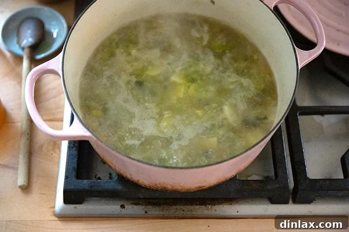 Potato leek soup gently simmering on the stovetop.