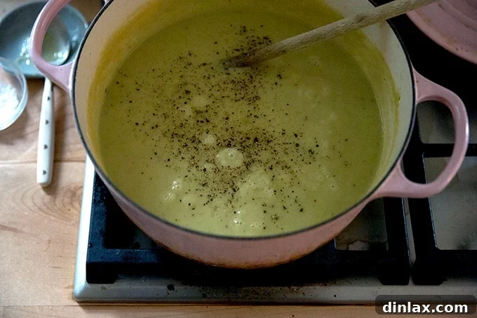 Creamy, puréed potato leek soup simmering on the stovetop.