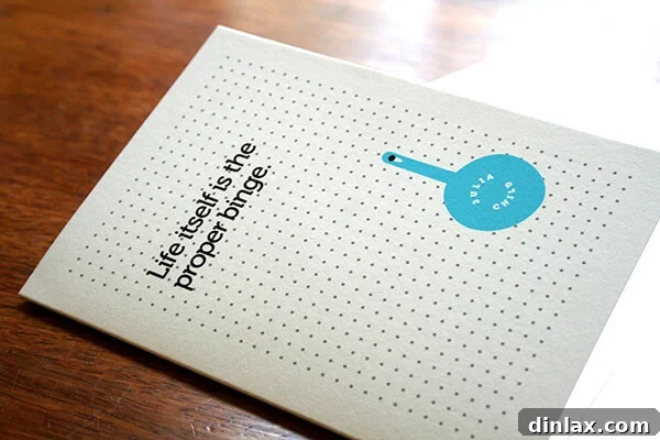Notecard featuring Julia Child's celebratory quote: 'Life itself is the proper binge.'
